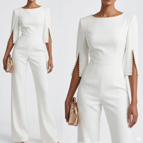Wide-Leg Ivory Jumpsuit with Slit-Sleeve Detail - Picture 6 of 9